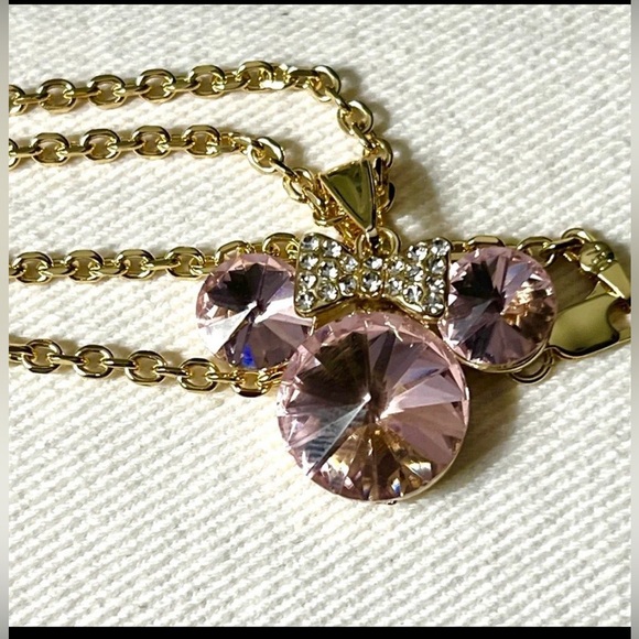 Disney Necklace: Minnie Mouse Ears Charm Necklace Gold w/ Pink Diamond Simulants - Picture 6 of 6